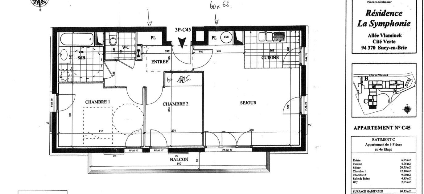 Bel et lumineux appartement au coeur de la verdure en plein c – 3 pièces – 2 chambres – 60 m²