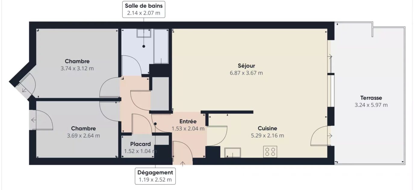 3 PIÈCES 74m² TERRASSE + JARDIN – NICE FABRON – 3 pièces – 2 chambres – NR voyageurs – 74.43 m²