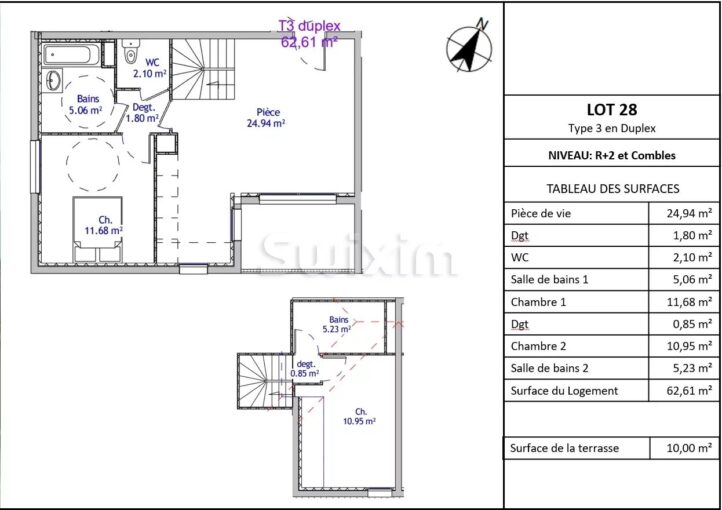 Appartement Type 3 Duplex – 3 pièces – 3 chambres – 62.61 m²