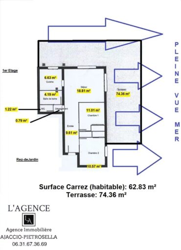 T3 avec terrasse de 75 m² vue mer à 50 m de la plage-Tiuccia – 3 pièces – 2 chambres – NR voyageurs – 62.83 m²