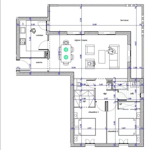 Appartement T2  39 m² – 2 pièces – 1 chambre – 2 voyageurs – 39.19 m²