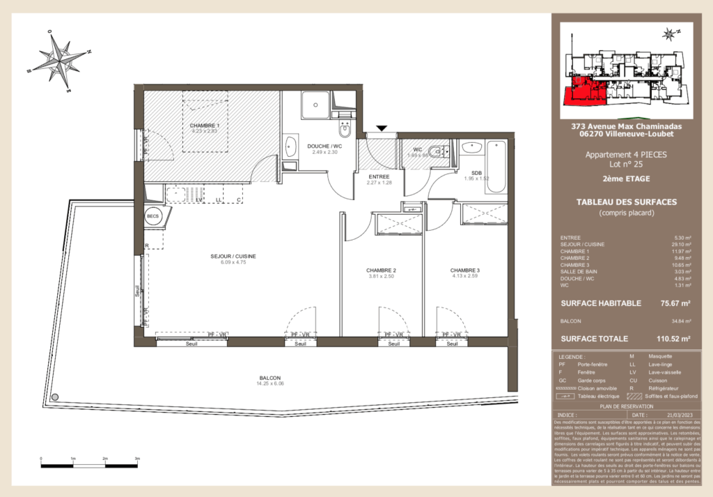 APPARTEMENT T4 DE 75 M2 AU 2EME ETAGE AVEC TERRASSE ET PARKI – 4 pièces – 3 chambres – NR  – 75 m²
