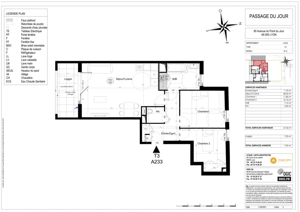 3 PIÈCES – 67.2 m2 – 1 Parking – 3 pièces – 2 chambres – 6  – 67.2 m²
