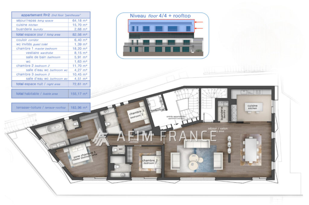 vente appartement 4 Pièce(s) – 4 pièces – 3 chambres – 155.00 m²