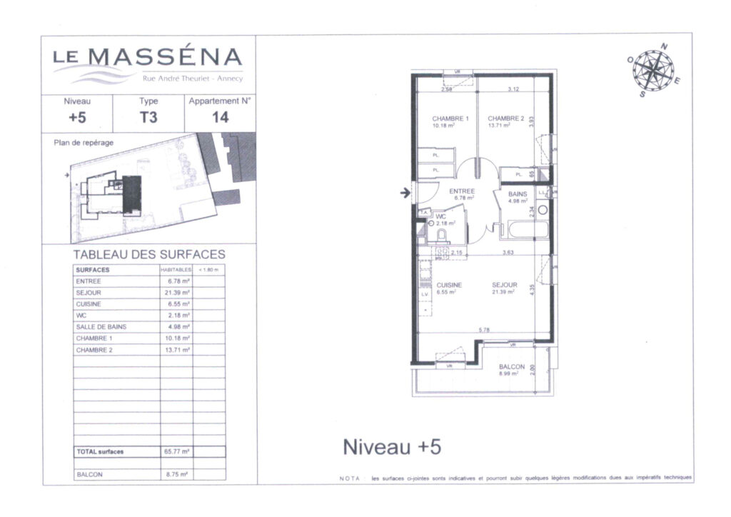 Récent Standing, Triangle d’Or, appartement de type 3 avec b – 3 pièces – 2 chambres – NR  – 65.52 m²