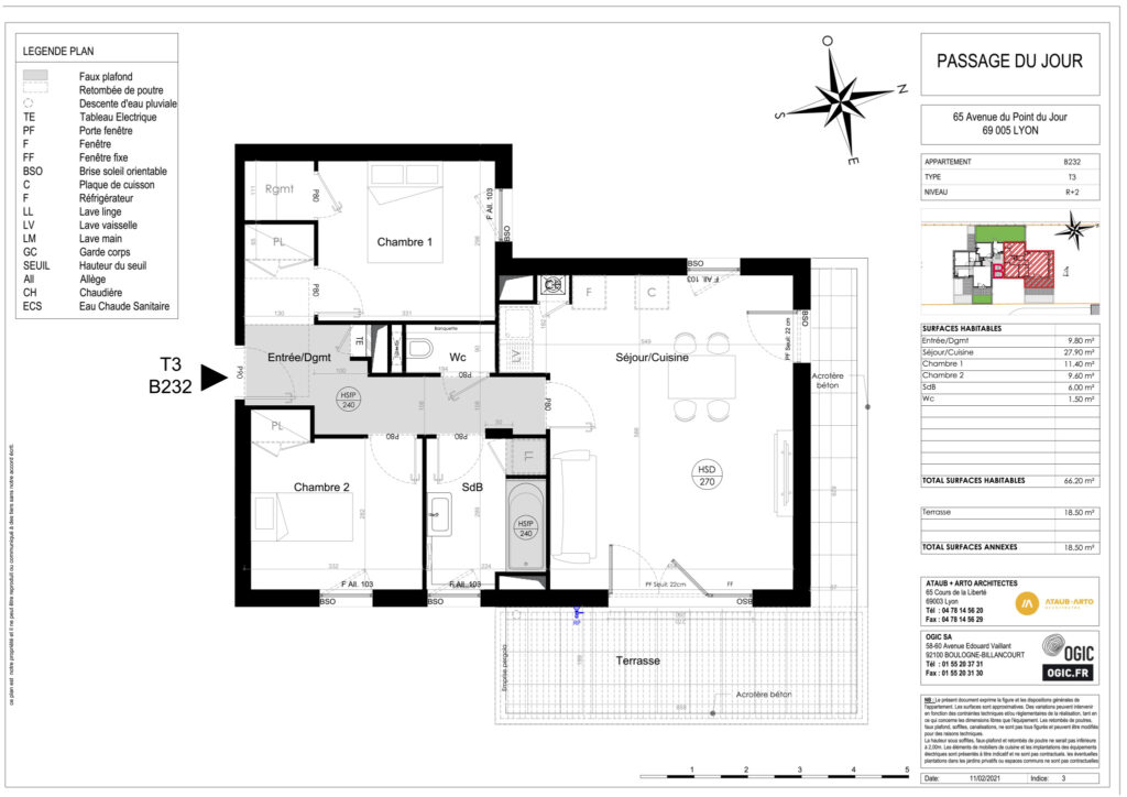 3 PIÈCES – 66.2 m2 – 1 Parking – 444 000 EUR  – 3 pièces – 2 chambres – 6  – 66.2 m²