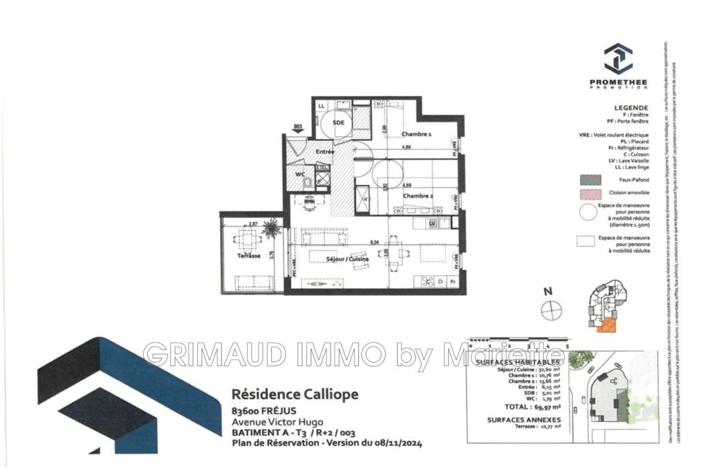 vente appartement 3 Pièce(s) – 3 pièces – 2 chambres – 69.97 m²