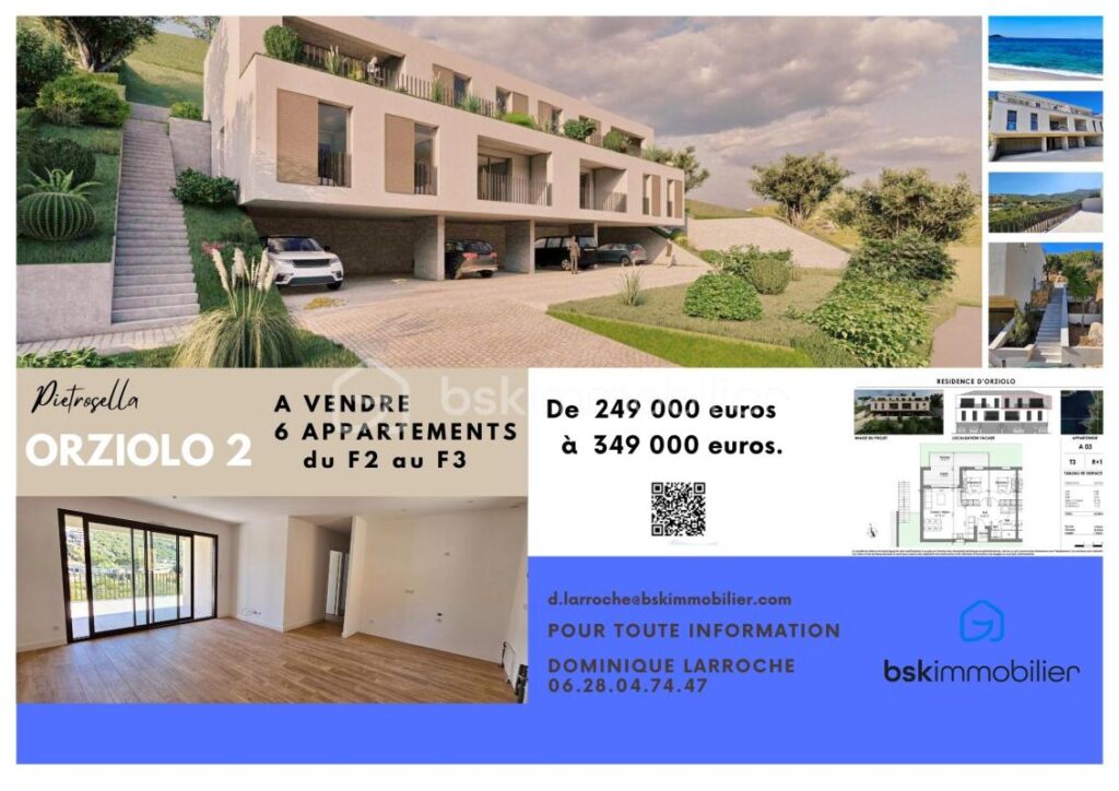 Corse – Rive sud d’Ajaccio à Pietrosella- Résidence ORZIOLO 2. Appartement T3 de 71 m2 + loggia de 12 m2, situé à 3 km de la mer, proche des commerces ! – 3 pièces – 2 chambres – 71 m²