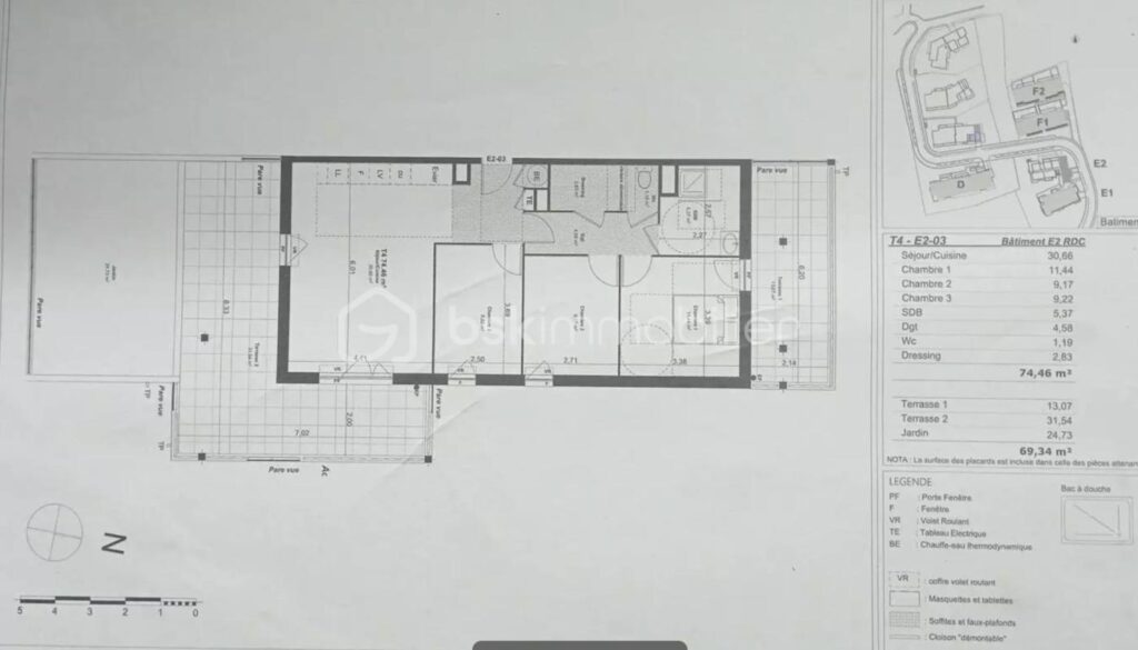 T4 Appartement familial avec terrasses et jardin – 4 pièces – 3 chambres – 74 m²