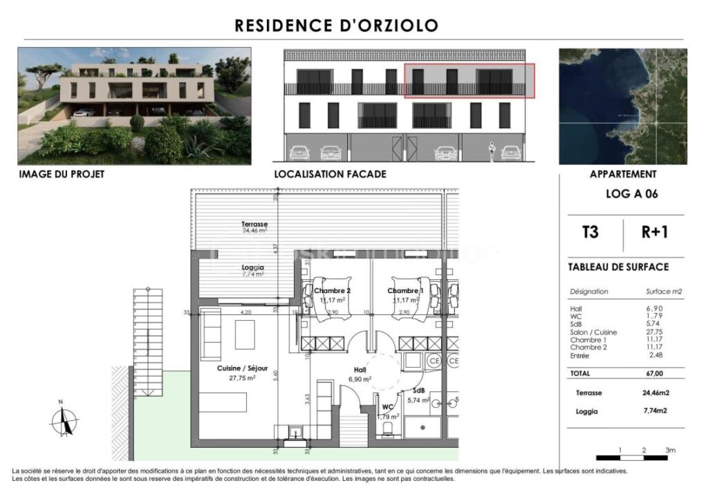 Corse – Rive sud d’Ajaccio à Pietrosella Résidence ORZIOLO 2. Appartement T3 de 67 m2 + loggia et terrasse de 35 m2, situé à 3 km de la mer, proche des commerces… ! – 3 pièces – 2 chambres – 67 m²
