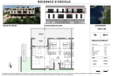 Corse – Rive sud d’Ajaccio à Pietrosella Résidence ORZIOLO 2. Appartement T3 de 67 m2 + loggia et terrasse de 35 m2, situé à 3 km de la mer, proche des commerces… ! – 3 pièces – 2 chambres – 67 m²