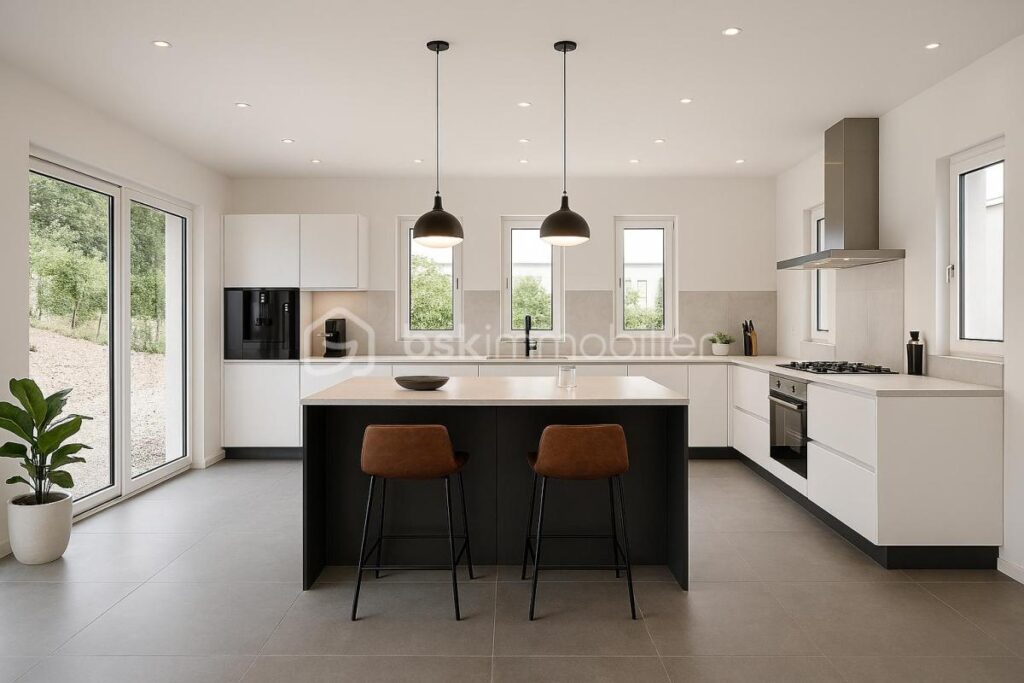 Maison exceptionnelle vue panoramique, d’une superficie de 144 m², sur sous-sol de 56 m² édifié sur terrain de 410 m² arboré et paysagé, RT 2020, 4 chambres, une salle d’eau, une salle de bain, 2 wc séparés – 6 pièces – 4 chambres – 144 m²