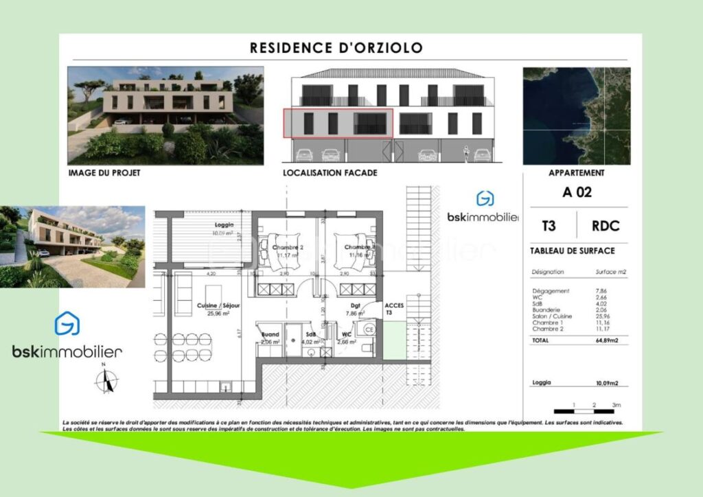 Corse – Rive sud d’Ajaccio à Pietrosella- Résidence ORZIOLO 2. Appartement T3 de 71 m2 + loggia de 12 m2, situé à 3 km de la mer, proche des commerces ! – 3 pièces – 2 chambres – 71 m²