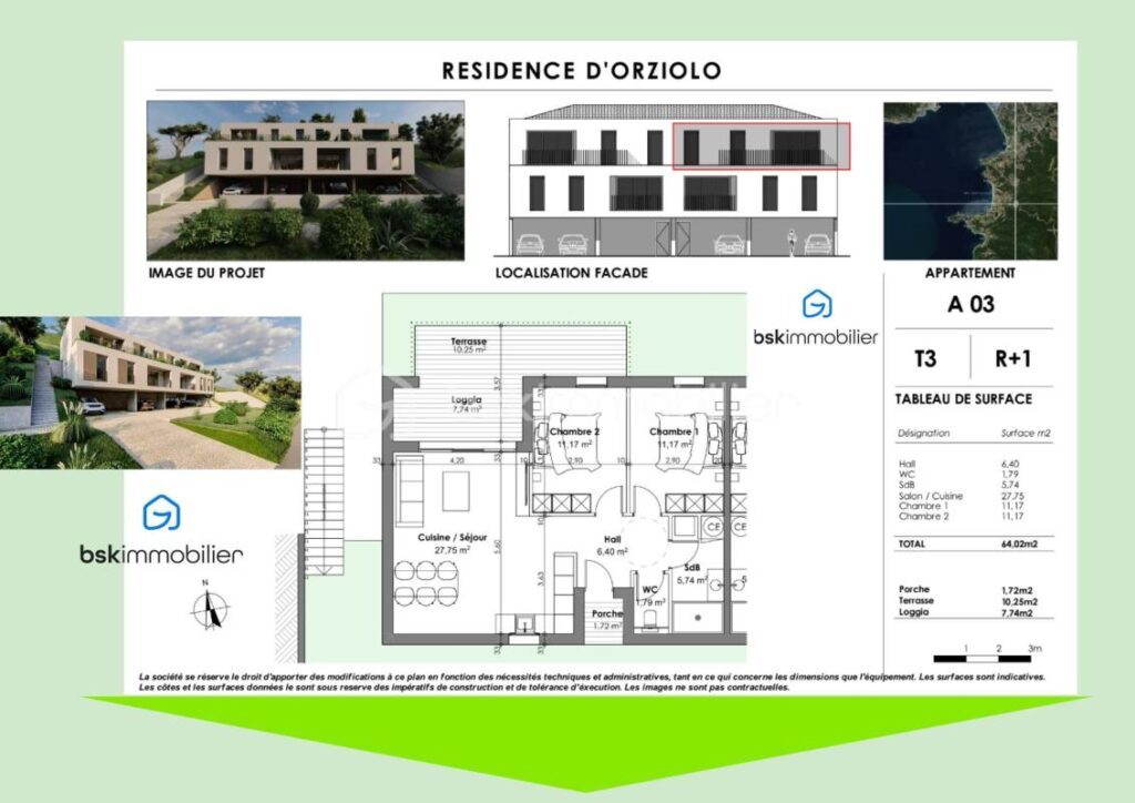 Corse – Rive sud d’Ajaccio à Pietrosella Résidence ORZIOLO 2. Appartement T3 de 67 m2 + loggia et terrasse de 35 m2, situé à 3 km de la mer, proche des commerces… ! – 3 pièces – 2 chambres – 67 m²