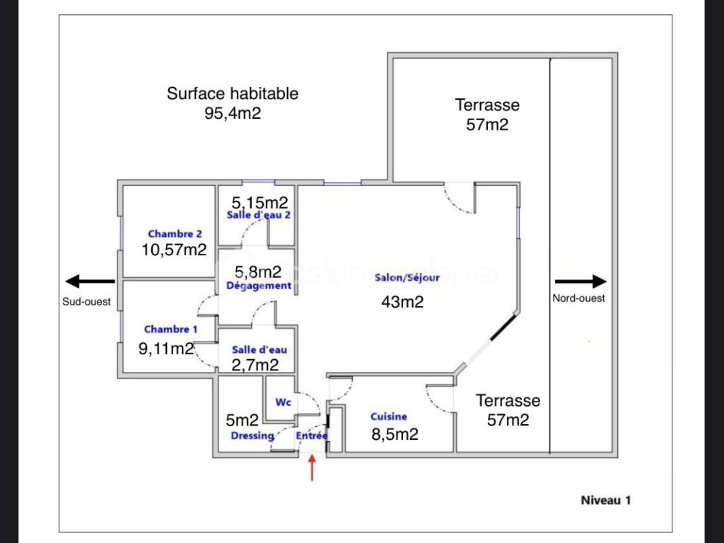 Appartement 95m2 + 56m2 de terrasse – 4 pièces – 2 chambres – 95 m²