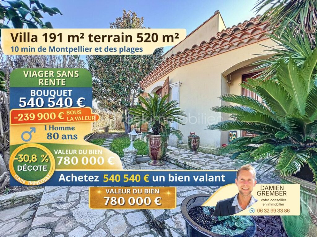 🏡 Opportunité rare à Lattes – Villa 191 m² avec plus de 30 % de décote immédiate (Viager sans rente) – 5 pièces – 3 chambres – 191 m²