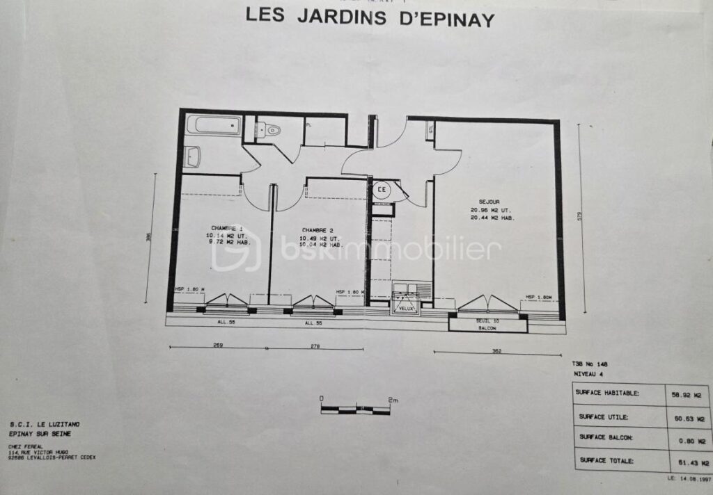 A vendre- Épinay-sur-Seine – Quartier de la Mairie, résidence “Les Jardins d’Épinay” Appartement situé en dernier étage sans vis à vis, bien exposé! – 3 pièces – 2 chambres – 58 m²