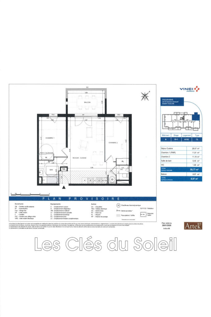 vente  3 Pièce(s) – 3 pièces – 2 chambres – 59.00 m²