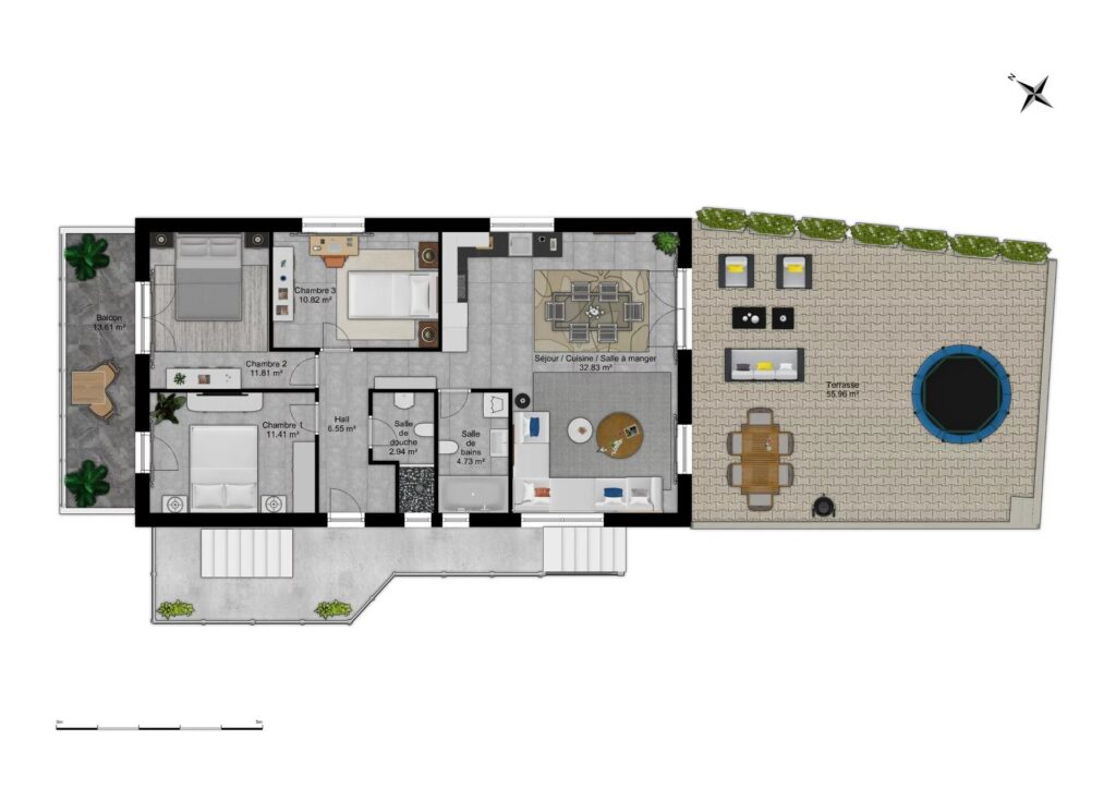 4,5 p. avec vue dégagée – Terrasse et jardin privatifs – NR pièces – NR chambres – 128.5 m²
