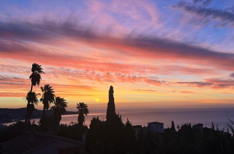 vue mer nice coucher de soleil palmier