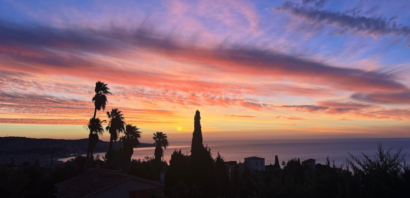 vue mer nice coucher de soleil palmier