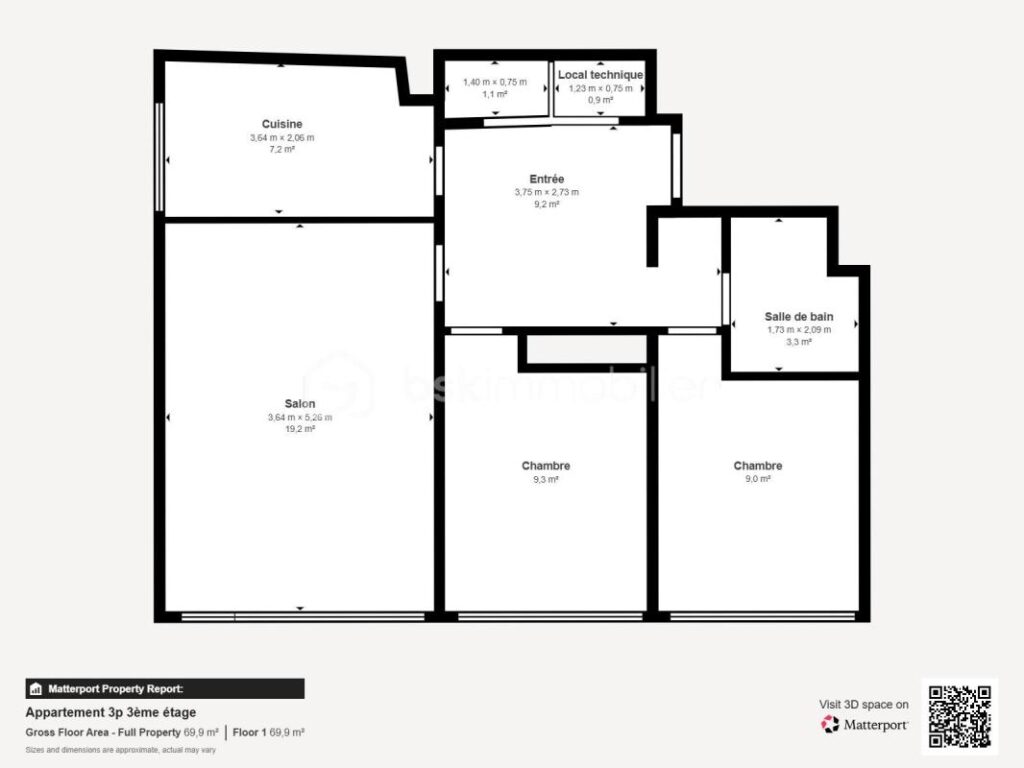 Appartement lumineux de 61m² – 3 pièces – 2 chambres – 60 m²