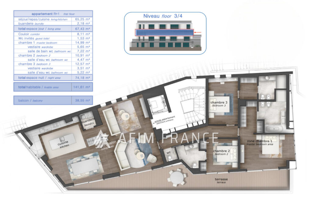 vente appartement 4 Pièce(s) – 4 pièces – 3 chambres – 141.00 m²