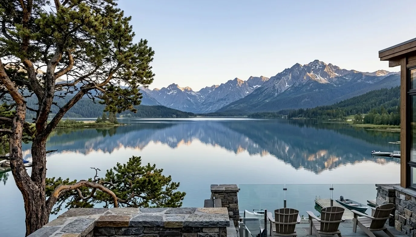 Maison avec vue lac et montagnes en miroir