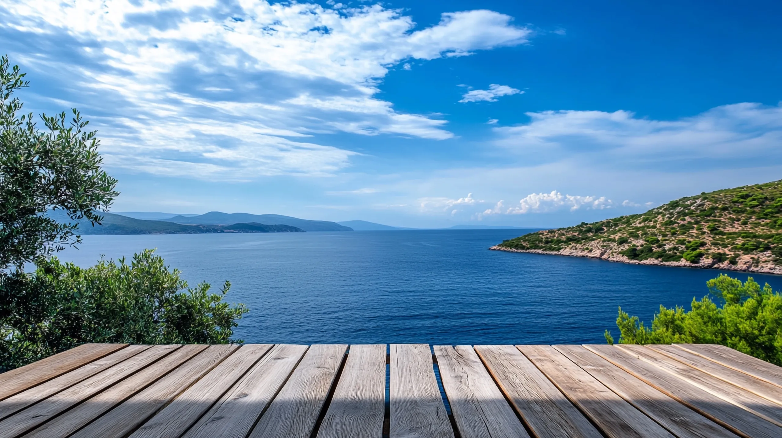 Terrasse en bois avec vue mer panoramique sur la Méditerranée