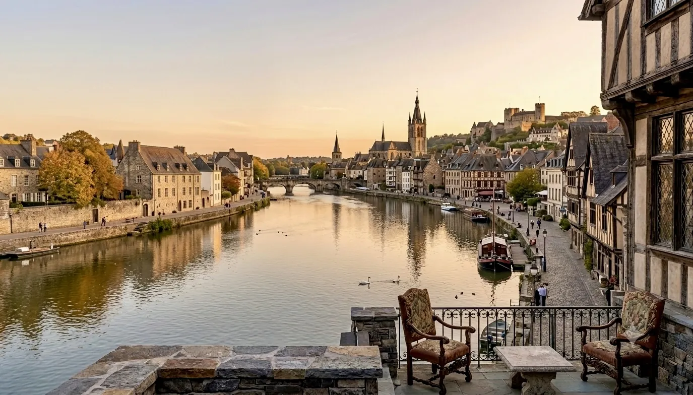 Vue fleuve sur une ville historique au coucher du soleil